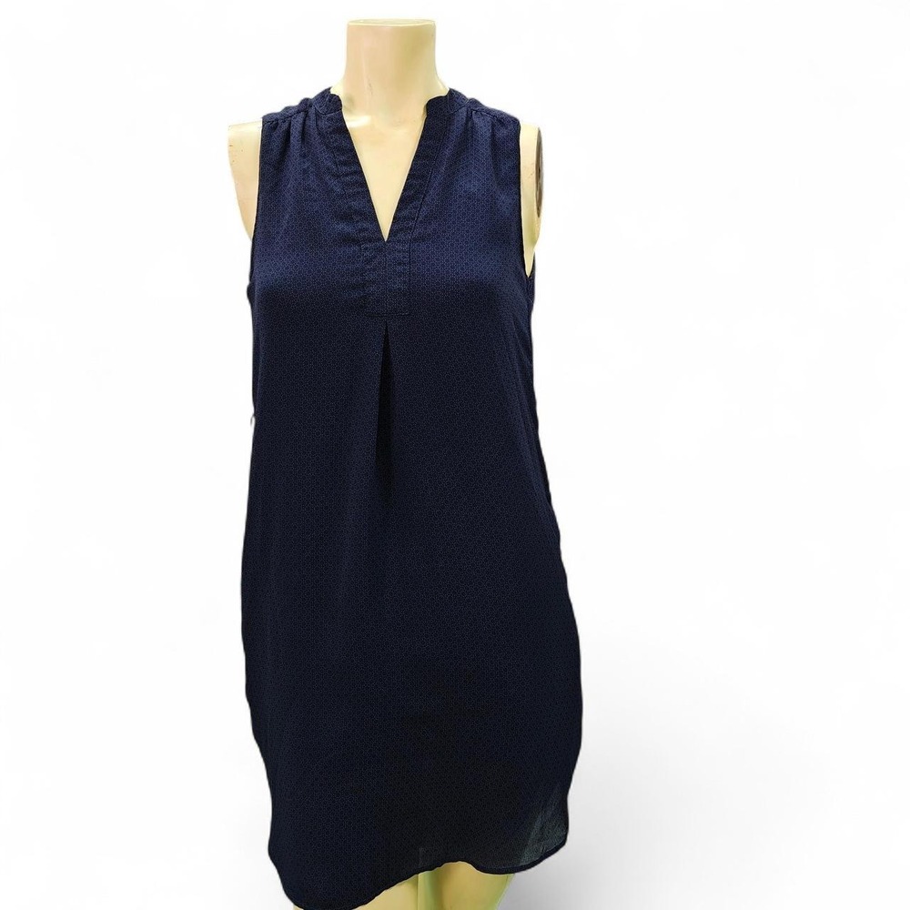 HM Navy Blue Sleeveless Split V-Neck Pleated Shift Dress Women Size 2